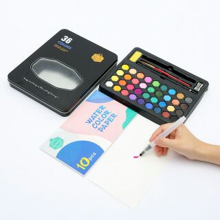 Bộ 36 màu nước hộp sắt (kèm cọ nước, bút lông, bút chì, gọt bút, giấy vẽ)