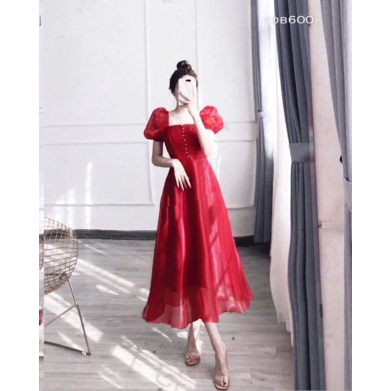 Đầm midi tơ xốp thắt nơ eo đính hột