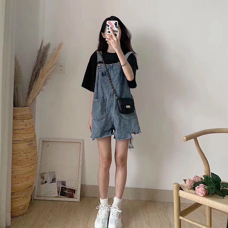 Quần yếm jean IELGY dáng ngắn ống rộng phong cách Hàn Quốc cổ điển dành cho nữ