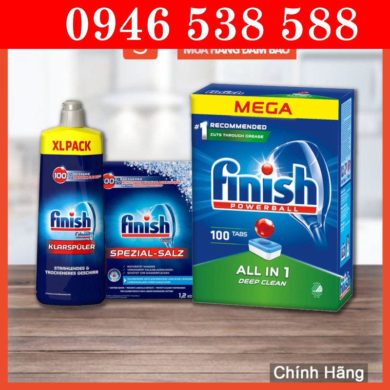 Combo Viên rửa bát Finish Hộp All in one 100 viên + Muối rửa bát finish 1.2kg + Nước làm bóng bát finish 800ml
