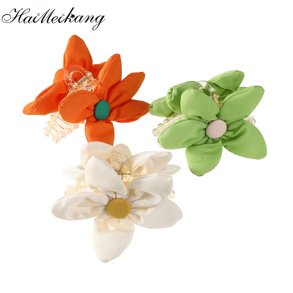Kẹp tóc HAIMEIKANG đính hoa vải ngọc trai màu trơn dễ thương xinh xắn