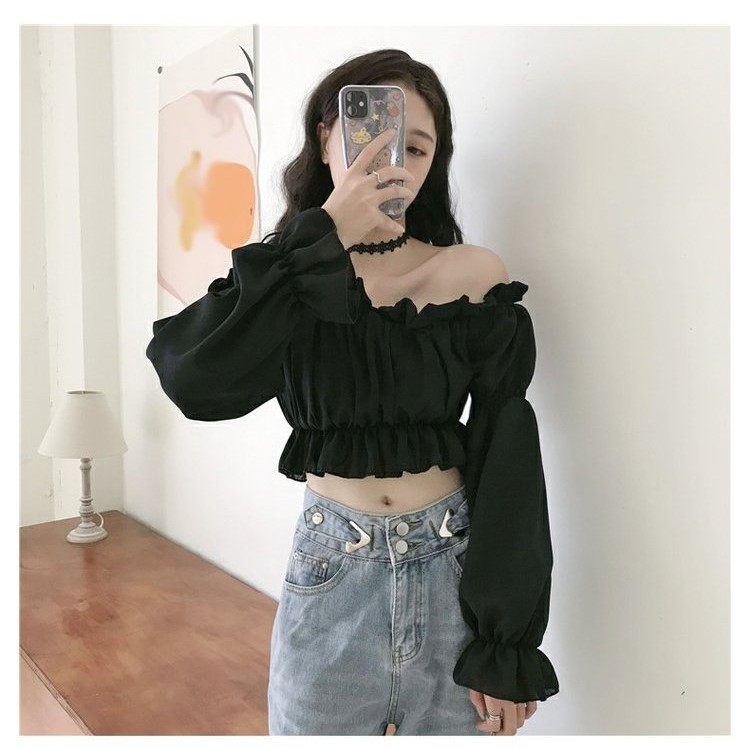 Áo trễ vai croptop tay bồng màu đen tay dài F15