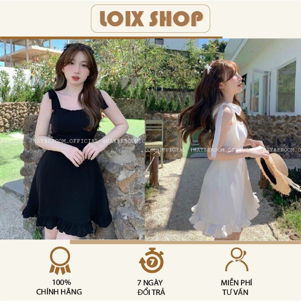 Váy bèo 2 dây buộc nơ vai đầm nữ dáng xòe tiểu thư thanh lịch chất cotton mềm mịn LOIX 1137