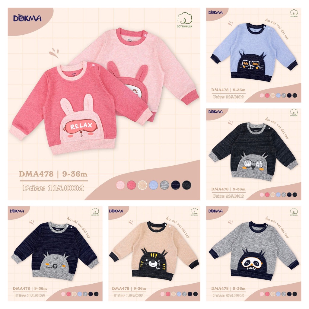 (9 ->36 tháng) Áo dài tay cài vai Dokma, chất cotton dày mềm mại, thoát khí (DMA478)
