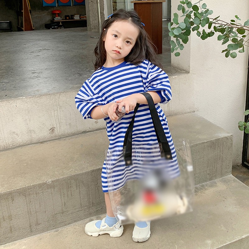 Đầm Thun Tay Ngắn Cổ Tròn Họa Tiết Kẻ Sọc Thời Trang Hàn Quốc Cho Bé Gái