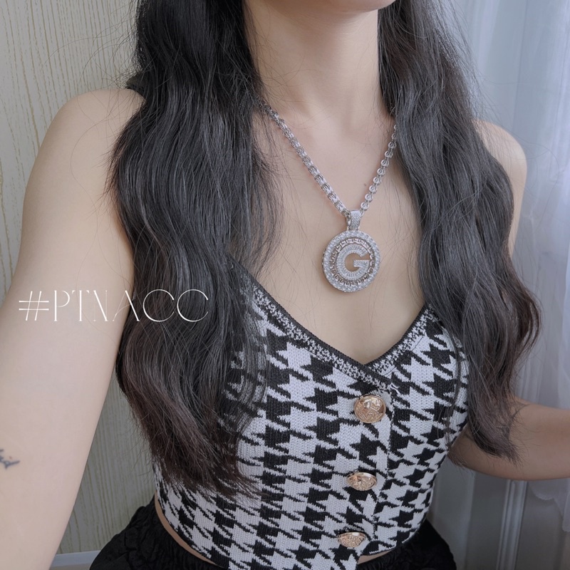 Dây chuyền, vòng cổ xi bạch kim, xi mạ vàng kèm mặt tròn size to logo hãng .PTNACC.