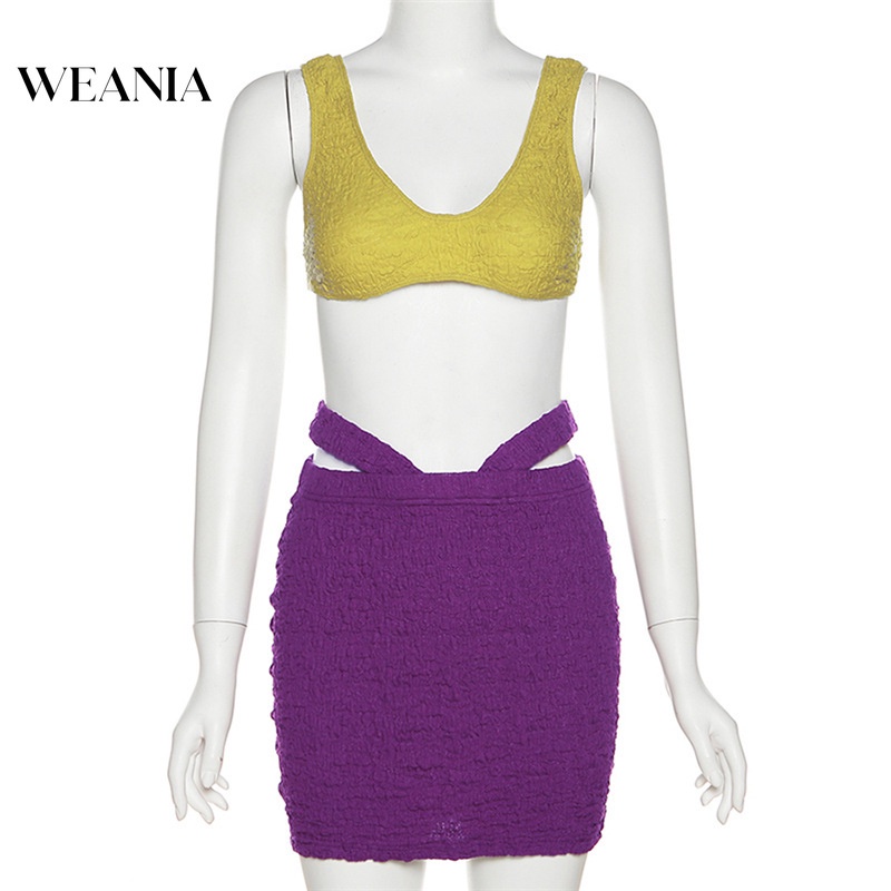 Bộ Áo Croptop Không Tay + Chân Váy Lưng Cao Xinh Xắn Dành Cho Nữ