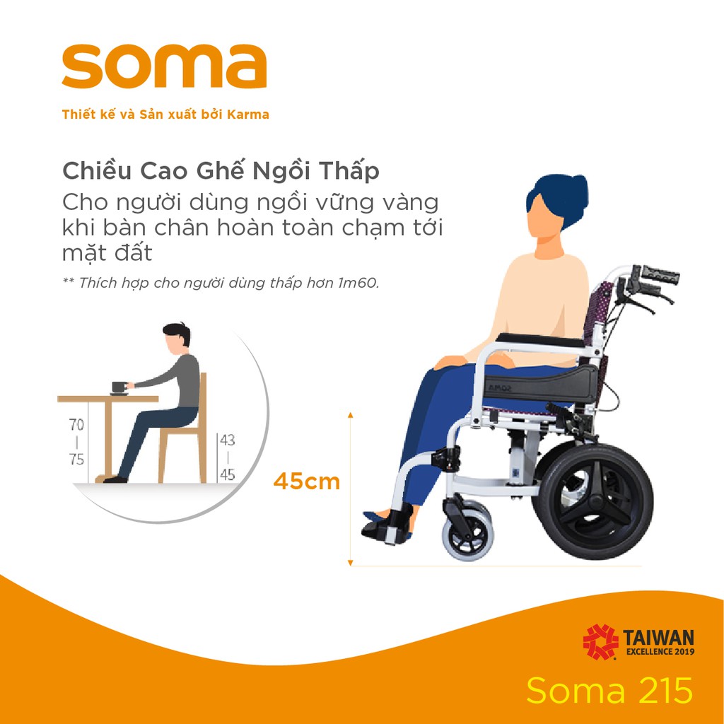 [Chính Hãng KARMA] Xe Lăn SOMA 215 Gọn Nhẹ Chỉ 9.9KG Có Thiết Kế Hỗ Trợ Sang Xe An Toàn