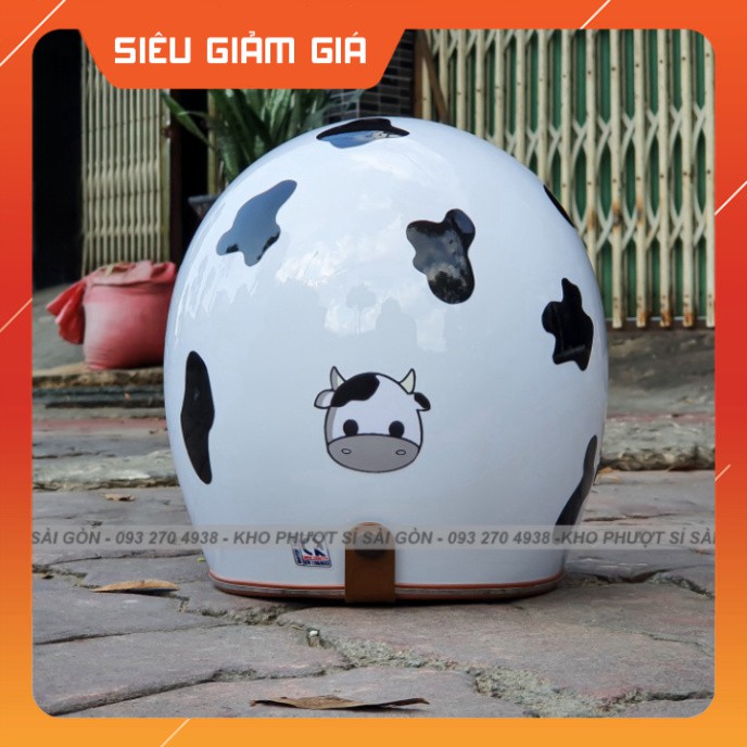 FREESHIP- HOT BÒ SỮA - Mũ bảo hiểm 3/4 trắng lót nâu đốm bò sữa đen hơi bị cute - Nón 3/4 bò sữa đen cho couple dễ thươ