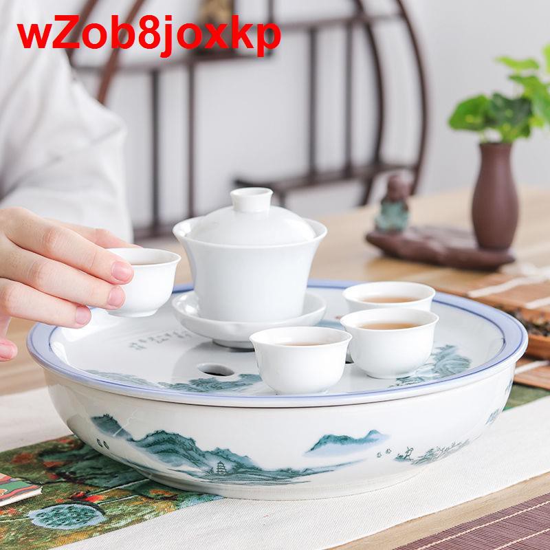 Khay trà đầy đủ bằng sứ, loại đựng nước tròn thuyền Kung Fu, bàn pha khô, bộ ấm chén, chén gia dụng hai lớp bọc <