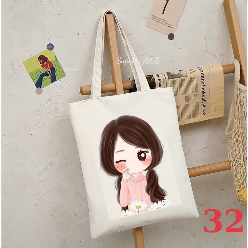 Túi tote túi vải canvas Hàn Quốc hoạ tiết đáng yêu đựng vừa A4 laptop đi chơi đi học HQ 215