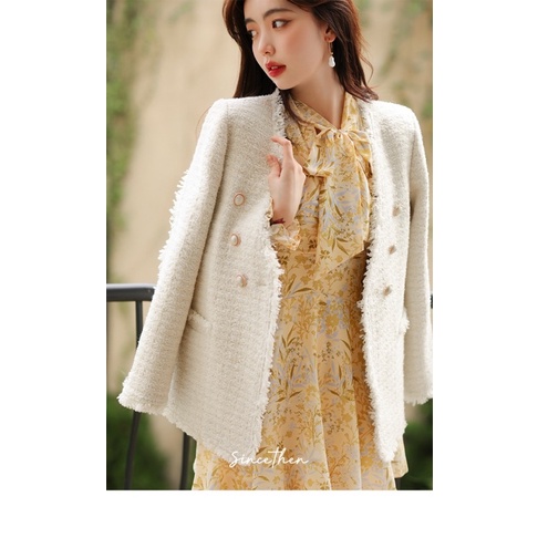 Áo khoác vải tweed màu trắng cao cấp