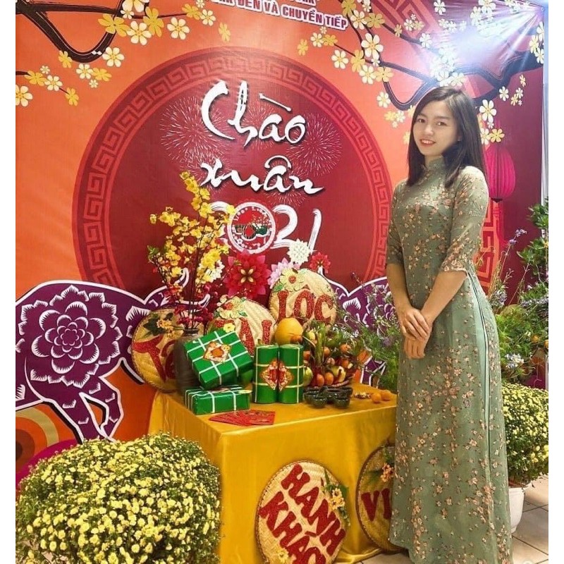 - Bộ Áo Dài Tơ Ép - Màu xanh rêu kèm quần xanh rêu  - Áo 4 tà - Đủ size - 1 Đổi 1