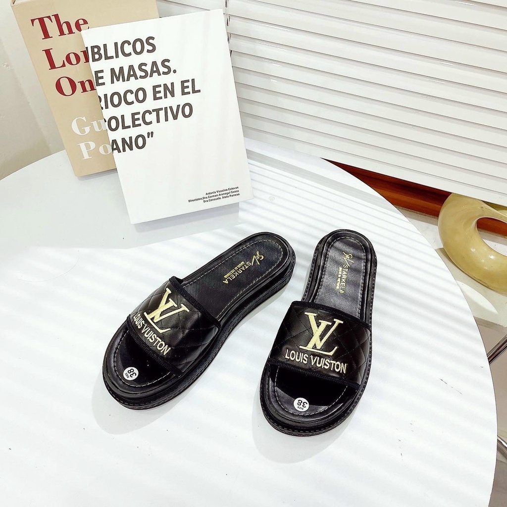 Dép Bánh Mì Dép Quai Ngang Nữ LV Thêu Mới Da Mềm Đế PU Siêu Nhẹ