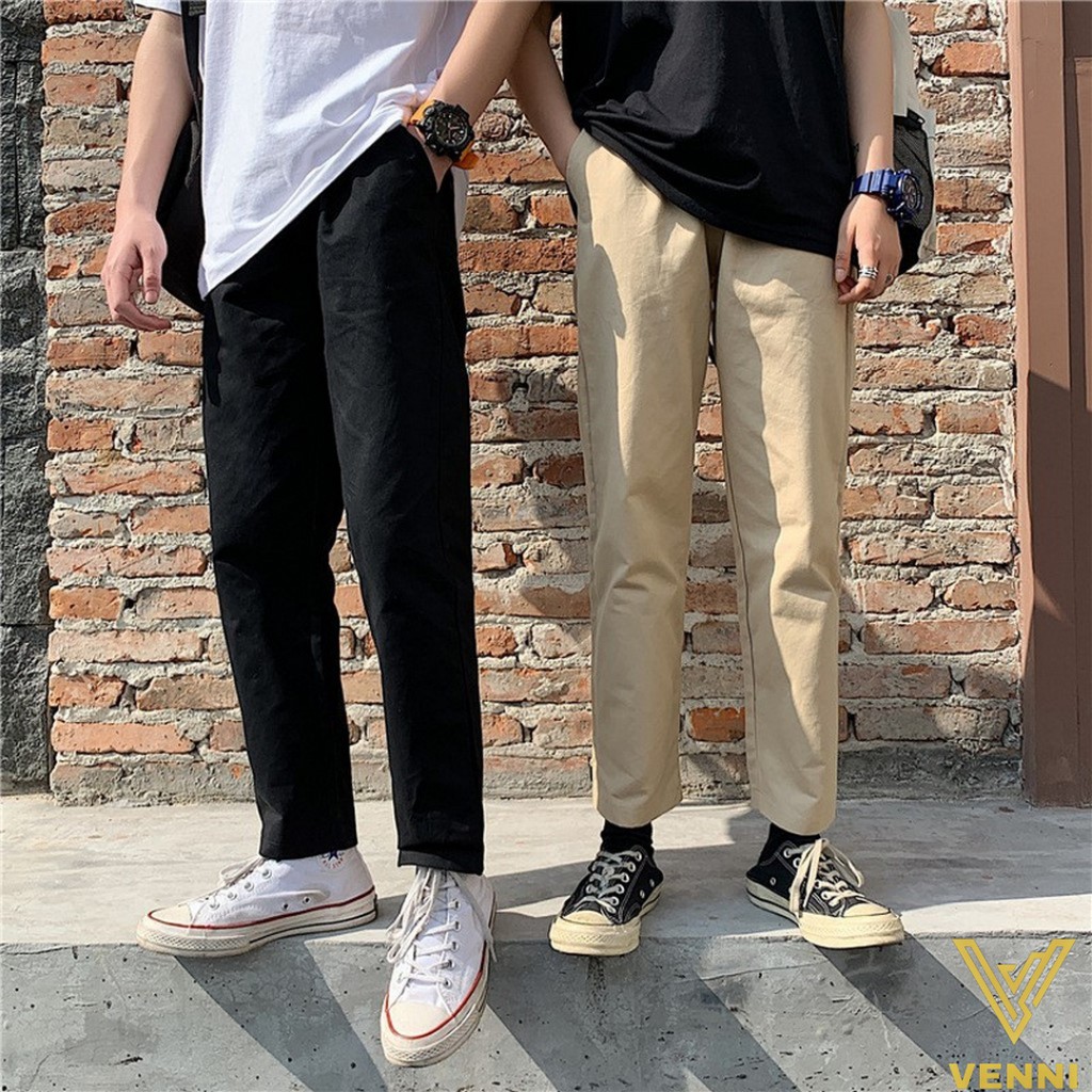 Quần Baggy nam nữ KAKI Ống Suông Unisex - Kiểu quần kaki nam nữ thun 2 màu đen và be