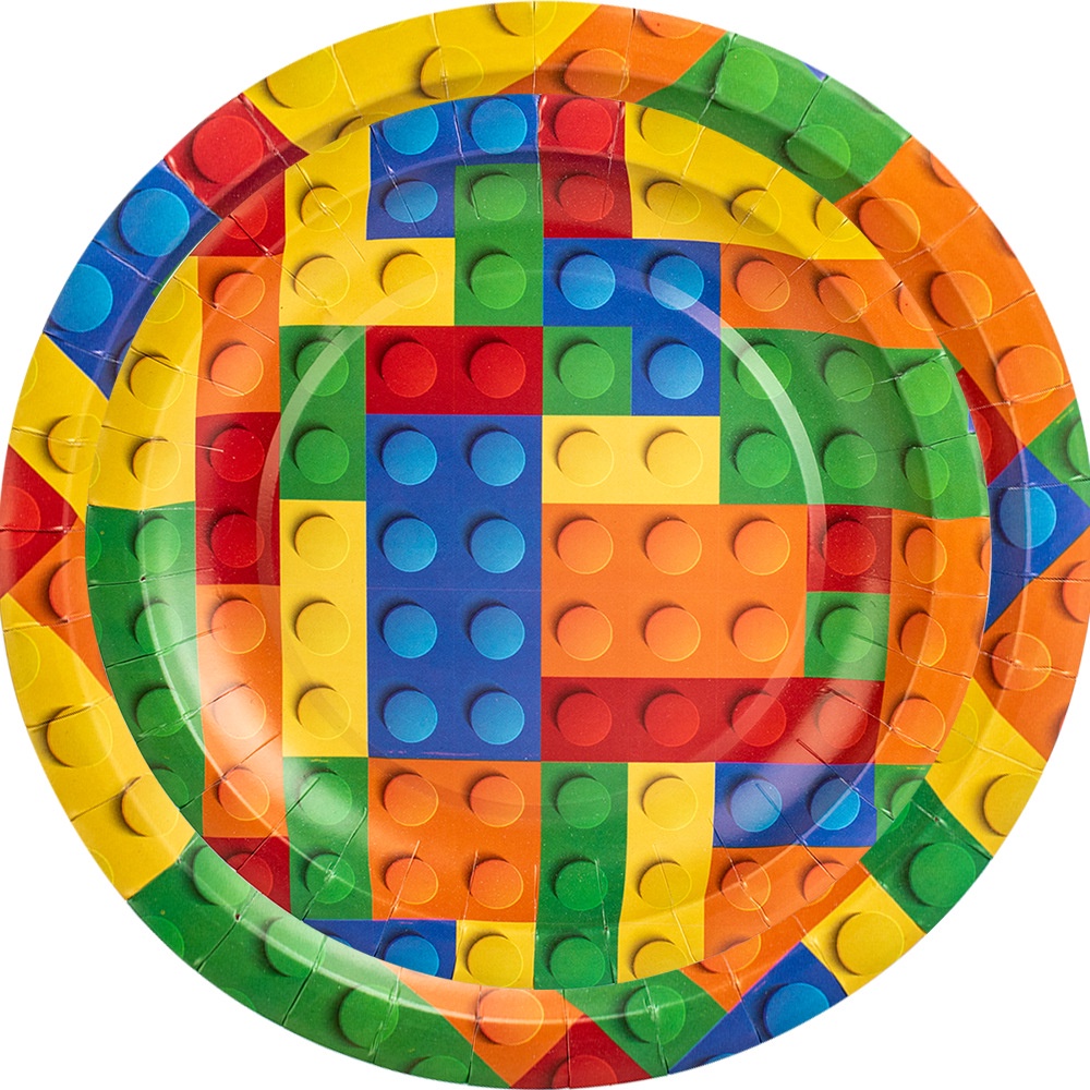 Hoạt Hình Lego Khối Xây Dựng Dùng Một Lần Bộ Đồ Ăn Trang Trí Biểu Ngữ Bánh Topper Đĩa Ống Hút Cho Bé Sinh Nhật Giấy/Cốc/Ống Hút/Khăn Trải Bàn Bri