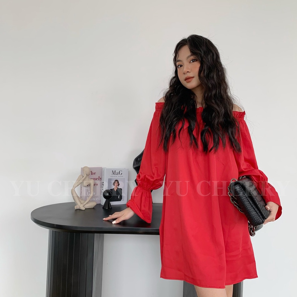 YU CHERRY | Đầm trễ vai phom suông, tay phồng, thun cổ tay, Minnie Off Shoulder Dress YD148