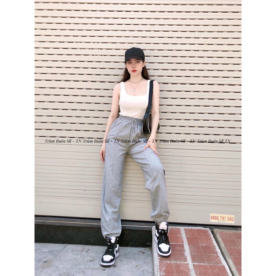 [ MẪU MỚI] Quần Nỉ jogger Nữ Ống BOOM gân giữa form rộng bo gấu kiểu dáng thể thao thun trơn Năng Động0