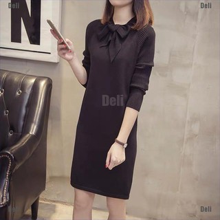 Đầm len gân cổ thắt nơ