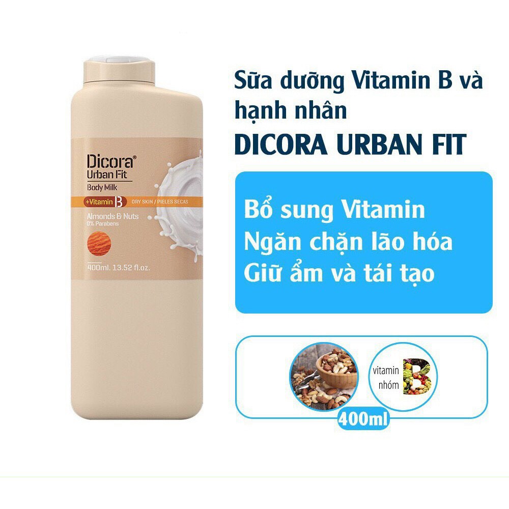 Sữa Dưỡng Thể Dicora Urban Fit Vitamin B Hạnh nhân &amp; Các Loại Hạt Body Milk 400ml