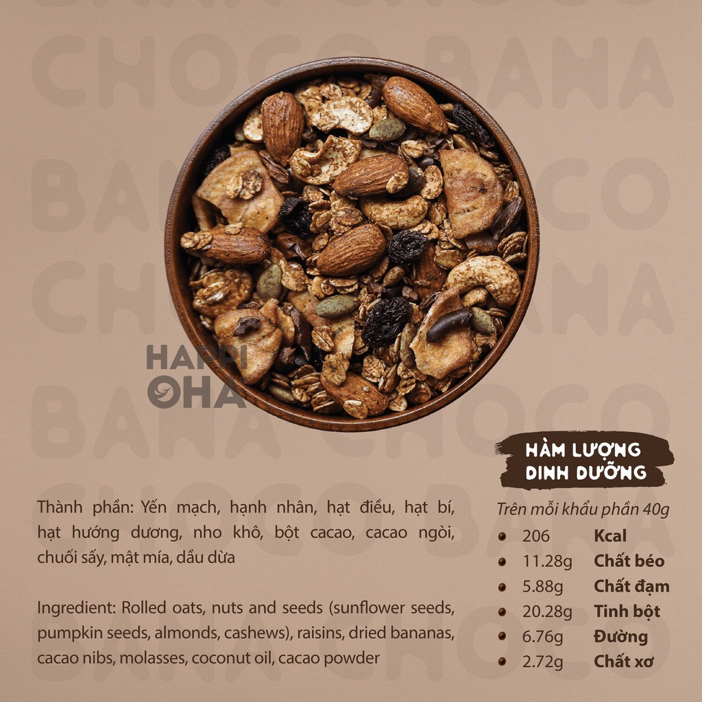 Ngũ Cốc Ăn Sáng/Ăn Kiêng Không Đường Tinh Luyện Vị Cacao Chuối 240g/480g - Granola Choco Bana HAPPI OHA