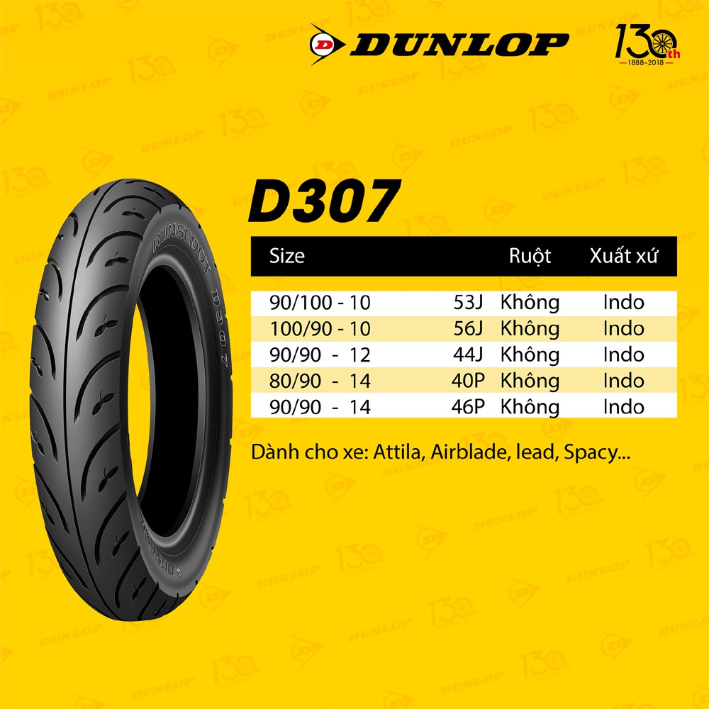 Lốp xe Acruzo Dunlop D307 trước 90/90-12 TL hoặc sau 100/90-10 TL