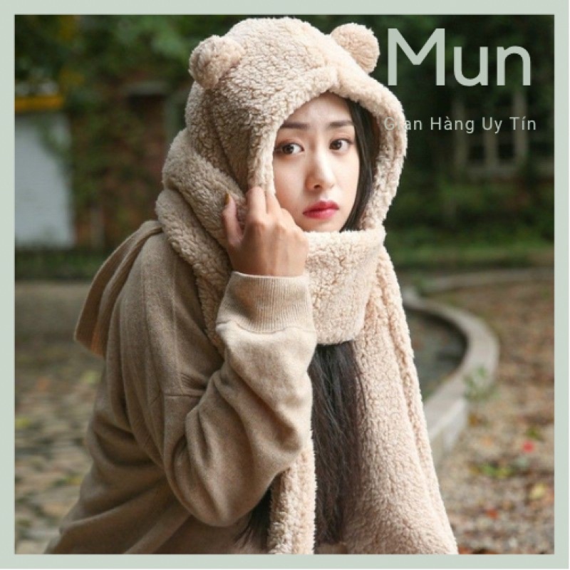 Mũ lông cừu tai gấu kèm khăn quàng cổ bao tay 3 trong 1 ấm áp hàng Quảng Châu