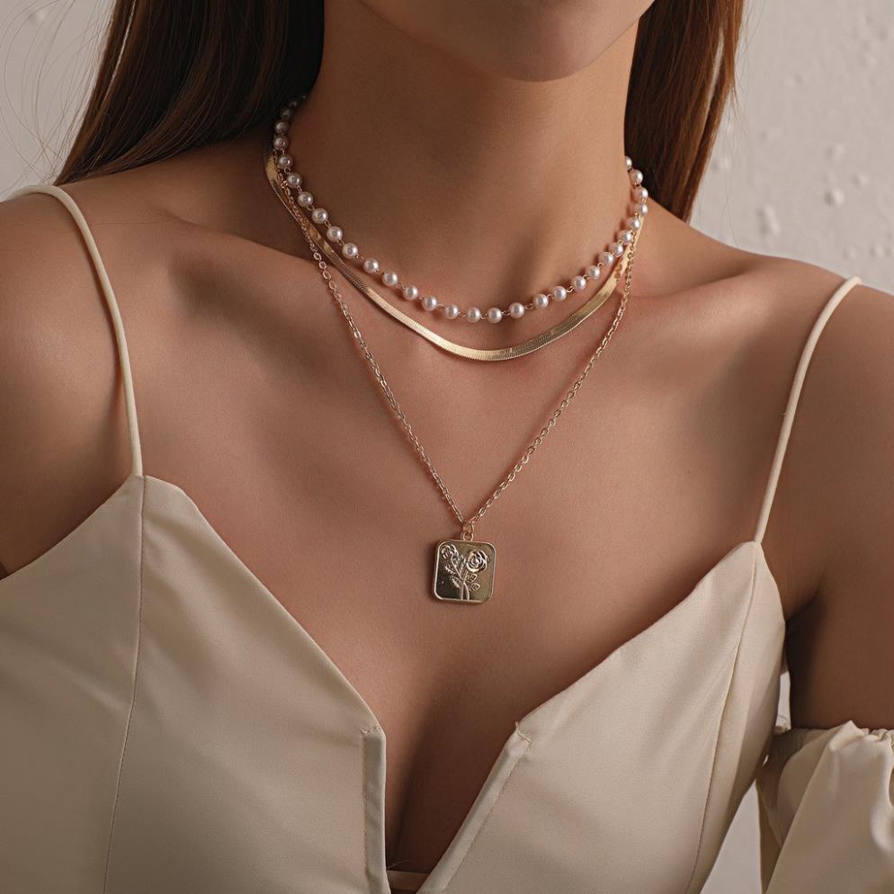 (029) Dây Chuyền Ba Lớp Chuỗi Ngọc Hợp Kim Mặt Hình Vintage
