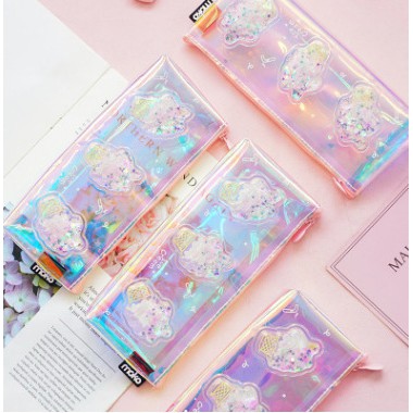 Hộp bút kim tuyến sticker kem ngựa thần Hb186 bóp viết hologram trăng sao hoa tim vương miện cute dễ thương