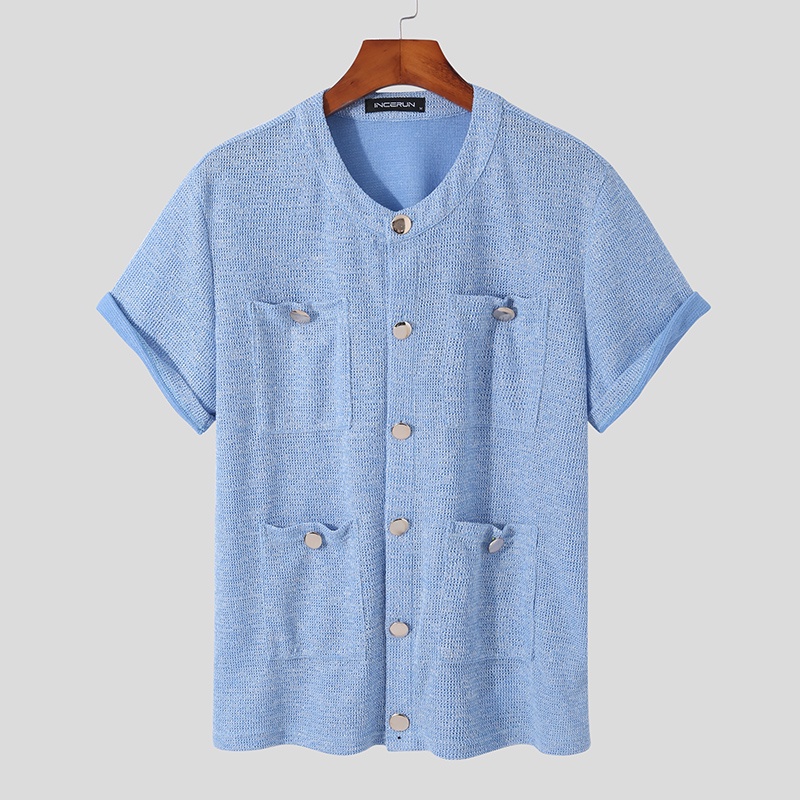 Áo dệt kim INCERUN tay ngắn cổ tròn cài nút thời trang cho nam