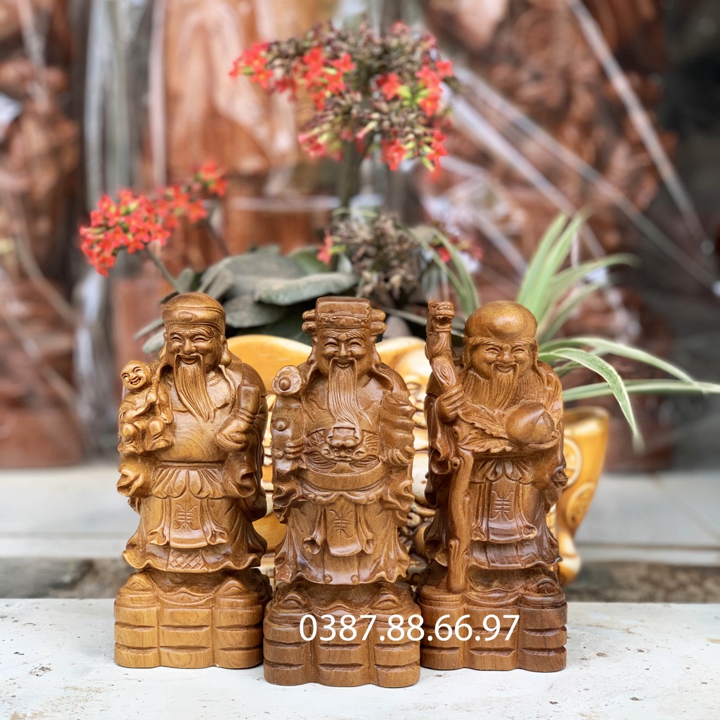 Tượng bộ tam đa phúc lộc thọ cao 15cm được chế tác bằng gỗ bách xanh