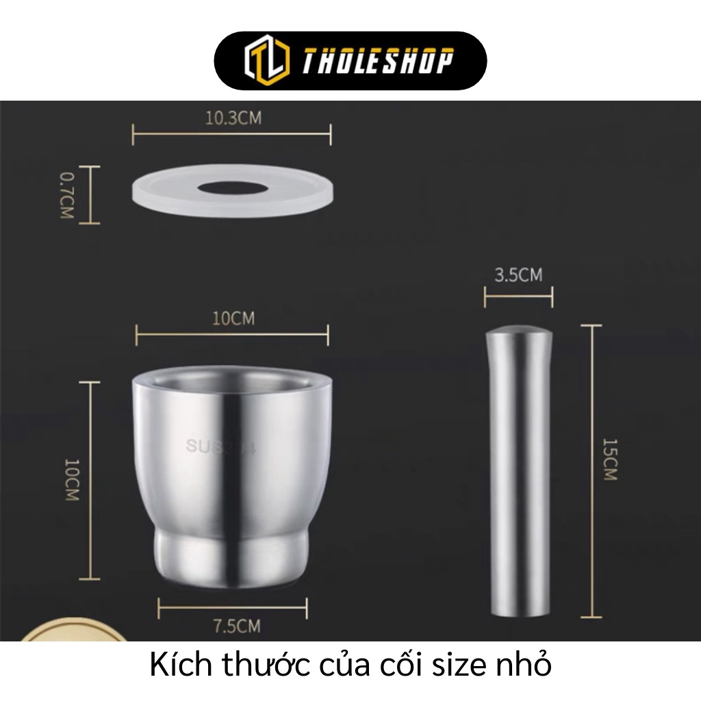 Bộ Cối Chày Inox 304 Không Gỉ Tặng Thìa Inox Và Nắp Chống Văng Dạng Trống Size 10cm 1016