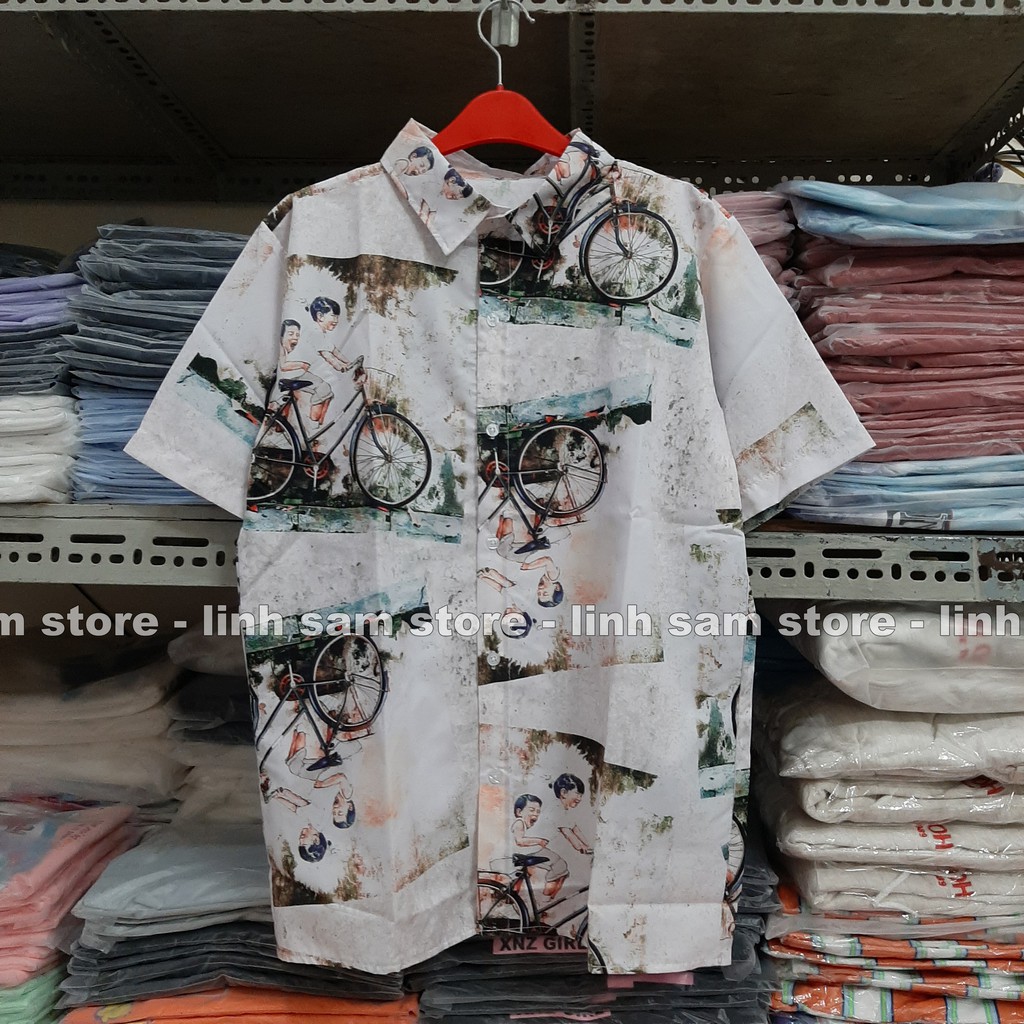 Áo sơ mi nữ in 3D cổ bẻ tay ngắn - lỡ dáng ulzzang freesize form rộng unisex mặc cặp, nhóm, in HÌNH XE ĐẠP MÀU VINTAGE | BigBuy360 - bigbuy360.vn