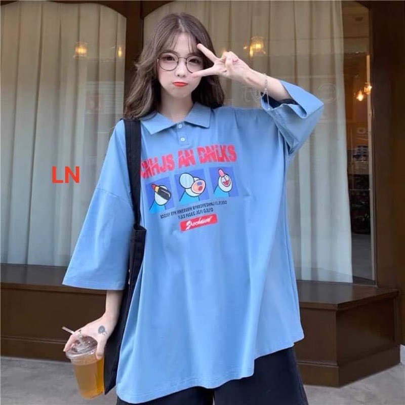 áo thun nữ polo cổ bẻ tay lỡ in 3 cây son