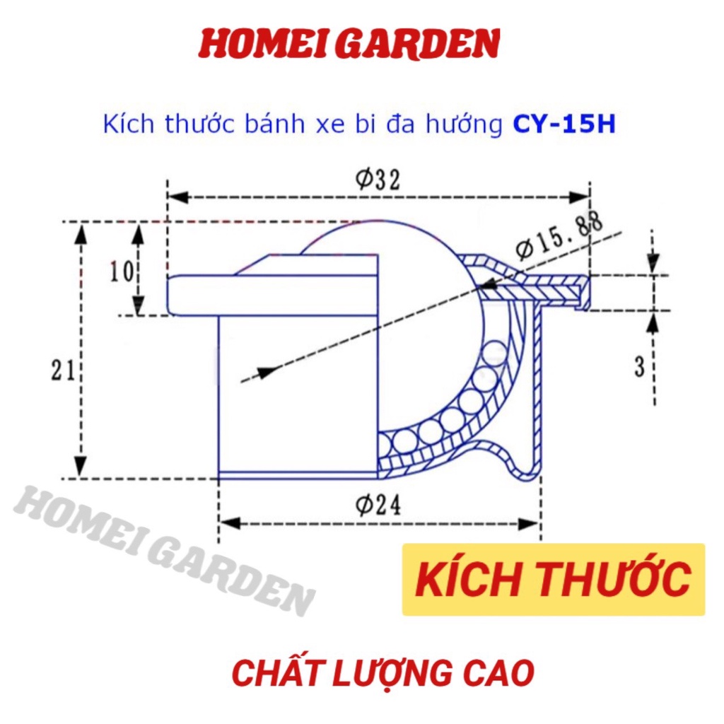 Bánh xe bi đa hướng, con lăn bi đa hướng CY-15HT, bi thép 15mm tải 25kg - CM0005