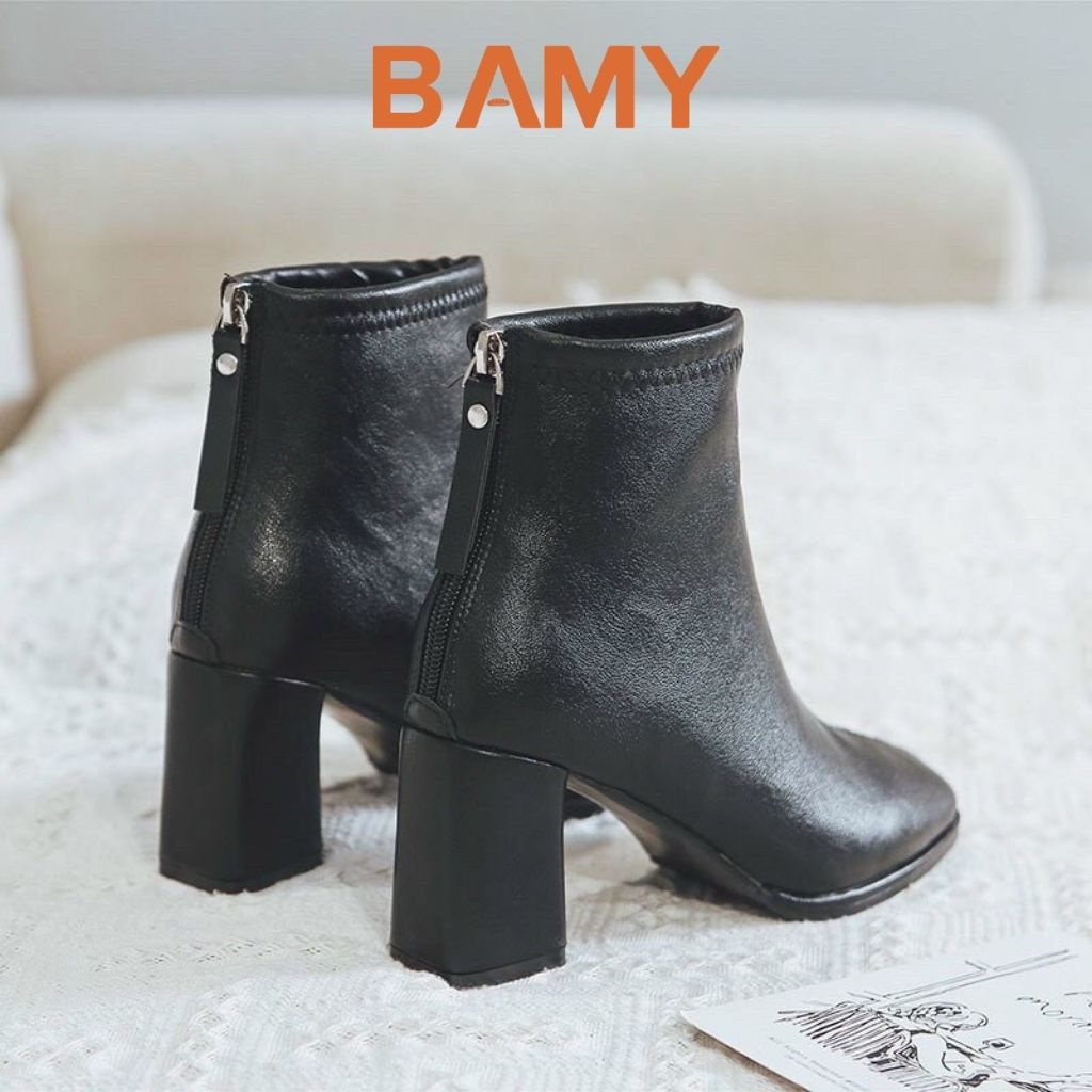 Bốt nữ da mềm Cao Cấp cổ cao khóa sau BAMY , giày boots ulzzang mũi vuông gót vuông 5 phân