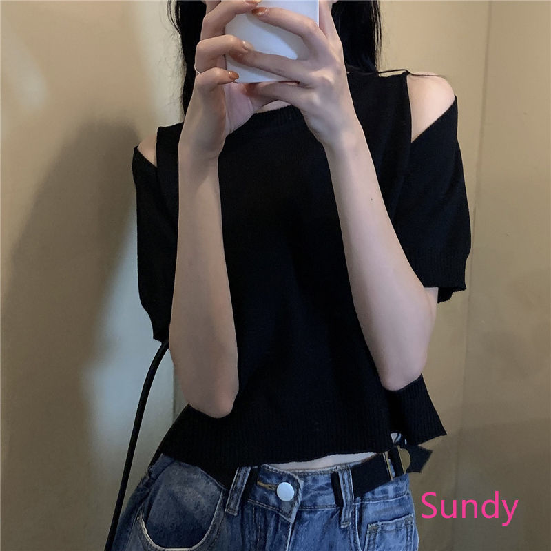 Áo Dệt Kim Tay Ngắn Thiết Kế Trễ Vai Thời Trang Quyến Rũ Trẻ Trung Cho Bạn Gái