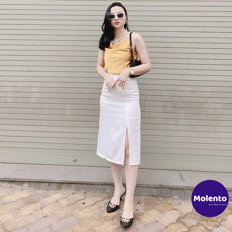 Chân váy xẻ tà Molento chân váy chữ a dài qua gối xẻ trước cá tính phong cách Hàn Quốc hai màu trắng, đen - M25 | BigBuy360 - bigbuy360.vn