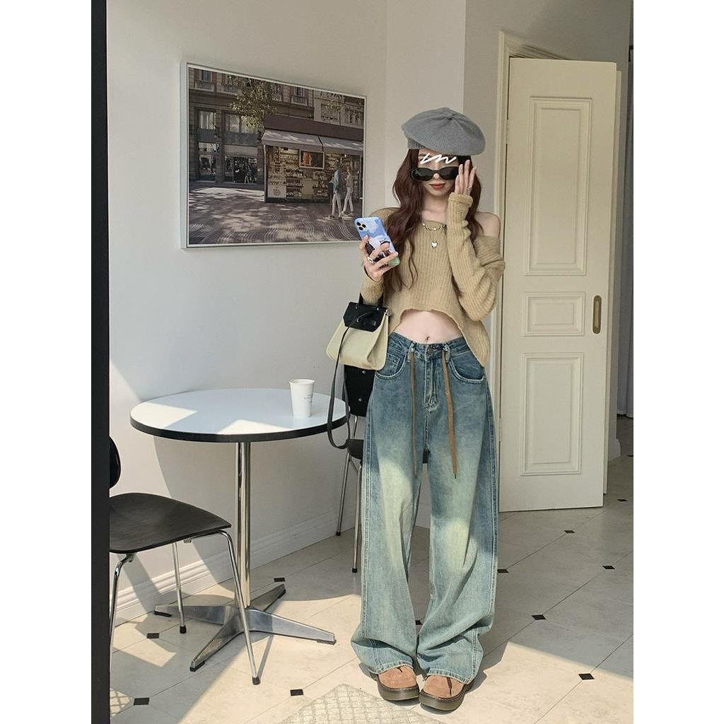 Quần Denim Ống Rộng Phối Dây Rút Phong Cách Retro 55787