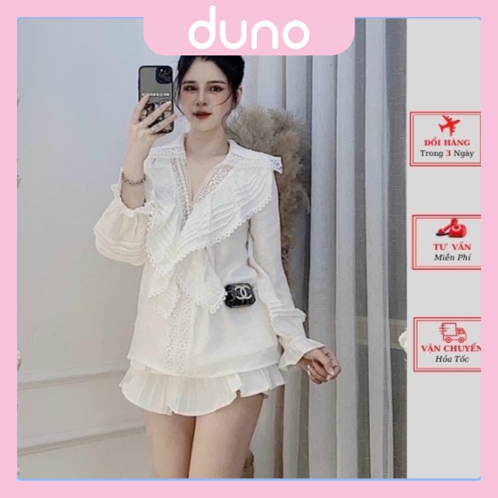 Áo sơ mi trắng nữ tay dài ren cổ chất đũi cực đẹp DUNO