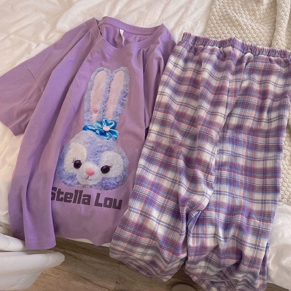 Bộ đồ ngủ tay ngắn cổ tròn kẻ caro phong cách Hàn Quốc thoải mái cho nữ | BigBuy360 - bigbuy360.vn