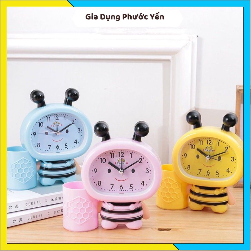 Đồng hồ báo thức hình con ong kèm ống cắm bút đáng yêu