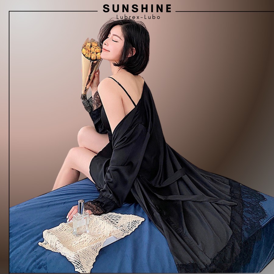 Váy Ngủ Lụa Kèm Áo Choàng Ngủ Lụa Cao Cấp CÓ MÚT NGỰC MÀU ĐEN SUNSHINE MNT560