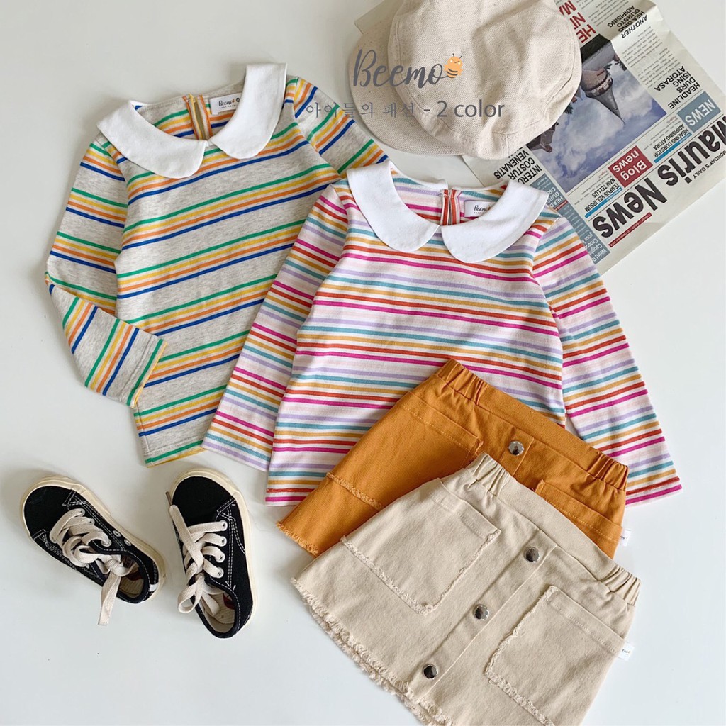 Set Áo Cotton Cổ Sen Tay Dài Họa Tiết Kẻ Ngang Và Chân Váy Kaki Style Hàn Quốc Hàng Chính Hãng Beemo