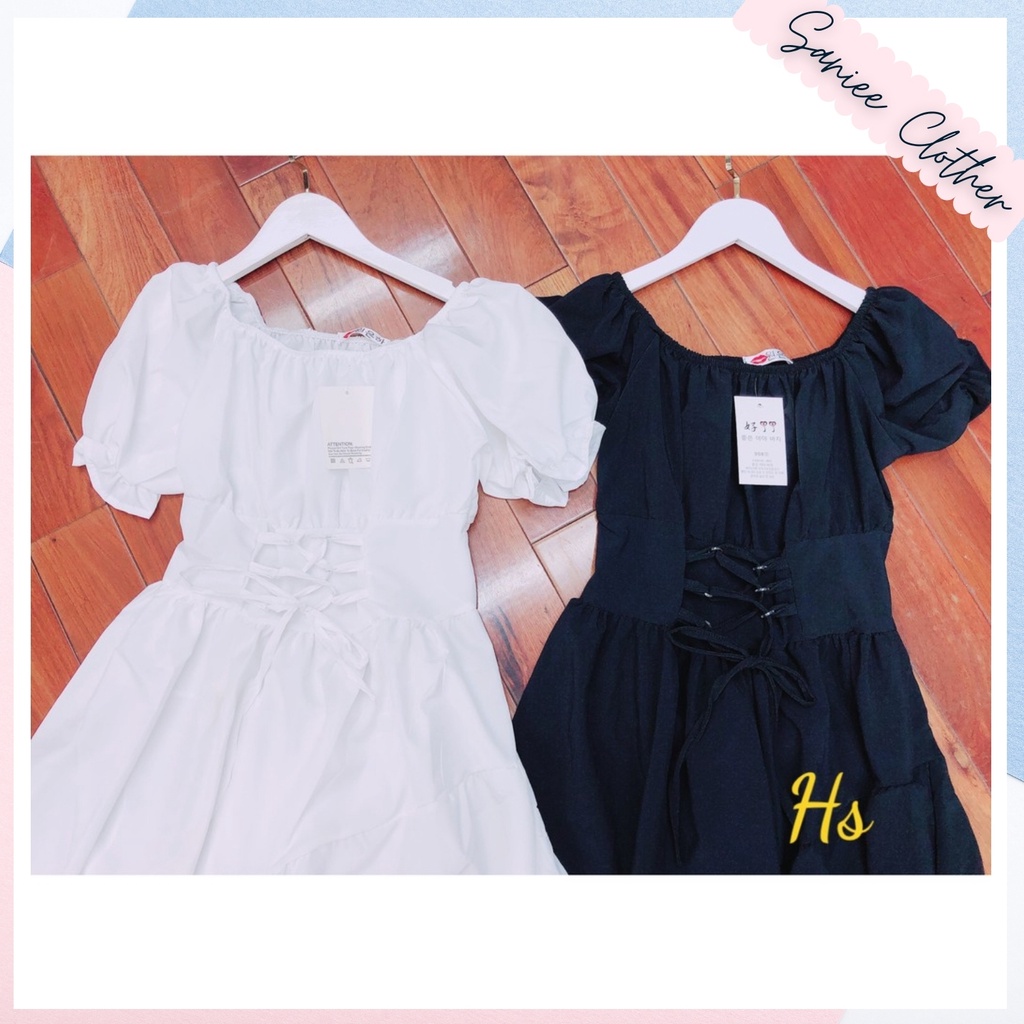 Váy Nữ Dáng Xòe Chữ A Đan Dây Lệch Tầng Xẻ Tà Tay Bồng Chất Thô Saniee Clother | BigBuy360 - bigbuy360.vn