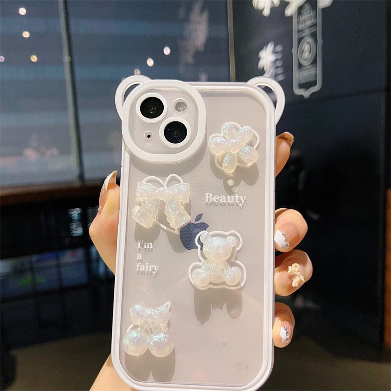 Ốp Điện Thoại Dẻo Hình Tai Gấu 3D Đính Ngọc Trai / Nơ Dễ Thương Cho IPhone 13 11 12 Pro Max X XR XS 7 8 Plus