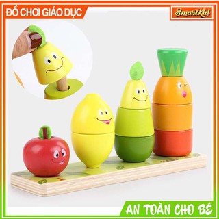 Đồ chơi xếp hình các loại trái cây vào cọc bằng gỗ