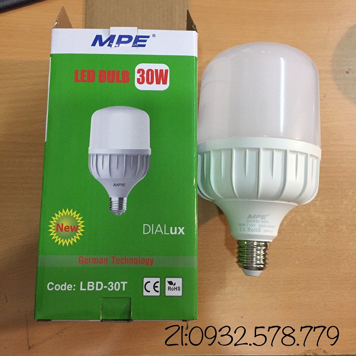 Bóng đèn led bup 30W MPE,bóng trụ 30W thân nhựa LBD-30