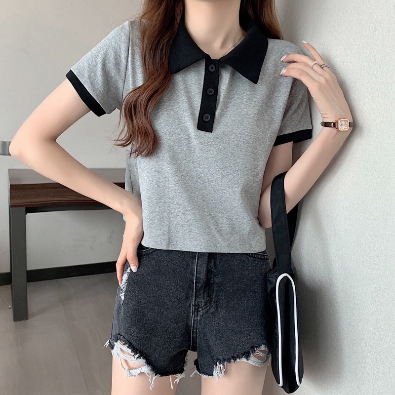Áo thun polo IELGY tay ngắn cổ bẻ màu sắc tương phản thời trang đơn giản dành cho nữ