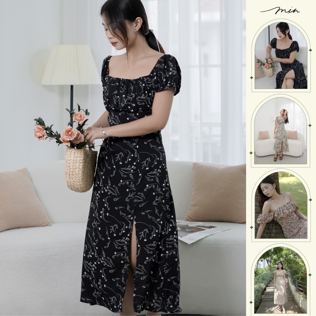 Đầm lụa Hàn Mát Mịn không nhăn, cổ vuông, xẻ đùi, váy dáng dài maxi thiết kế đi chơi đi biển